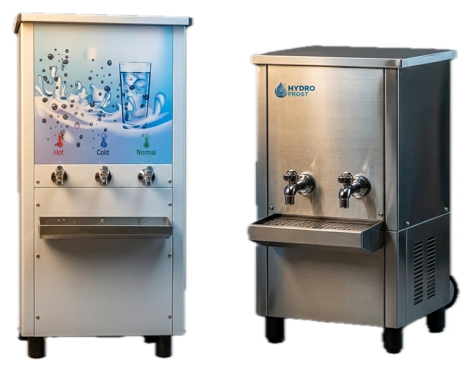 Two Hydrofrost stainless steel water chiller units standing side by side