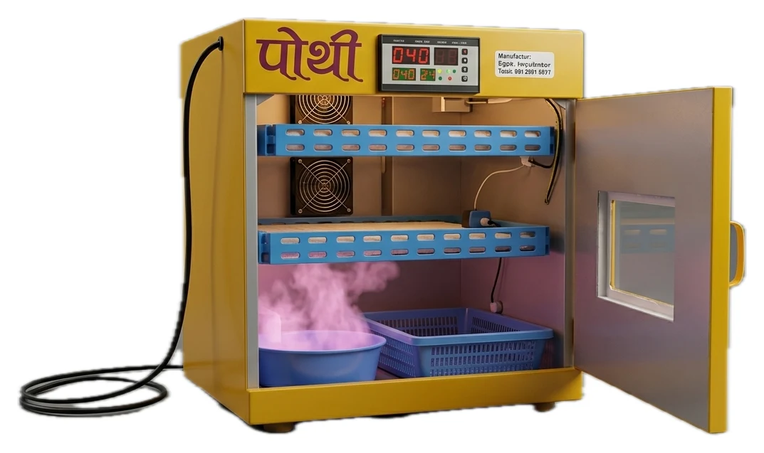 Yellow Pothi egg incubator with its door open, showing trays and a digital temperature display