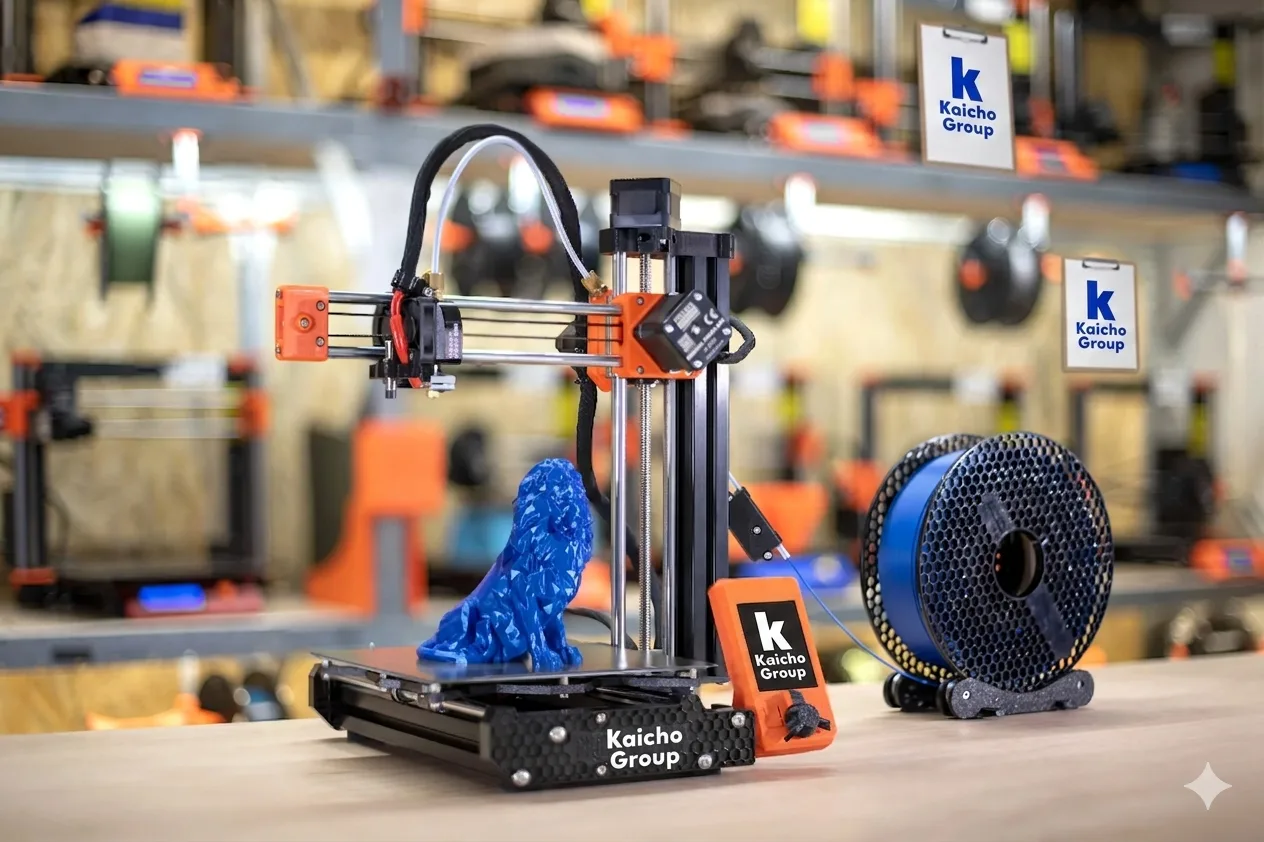 A desktop 3D printer beside a printed blue lion and a spool of blue filament