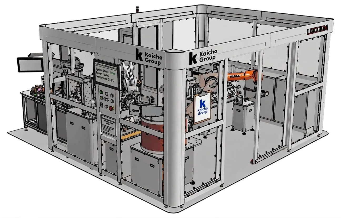 A CAD drawing of an automated work cell inside a steel frame carrying the Kaicho Group logo
