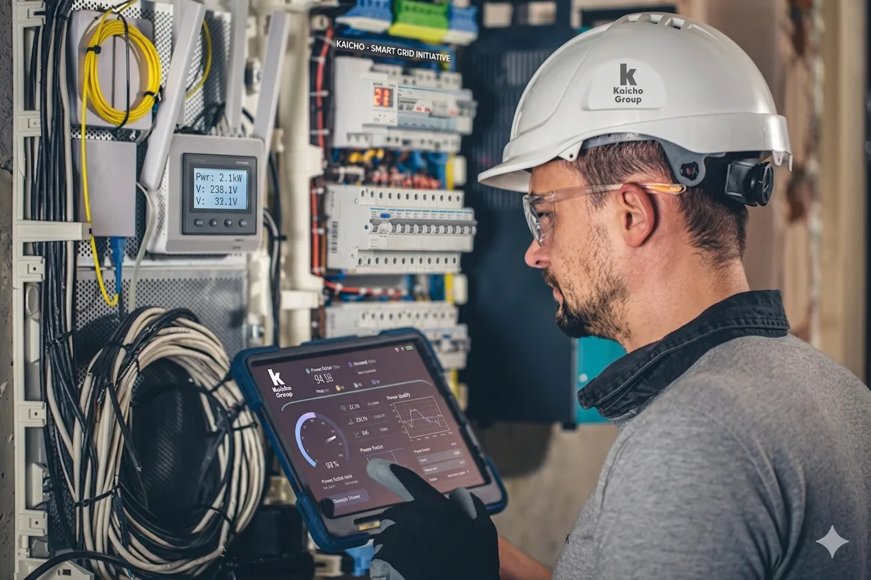 An engineer in a hard hat reading a tablet beside an electrical panel