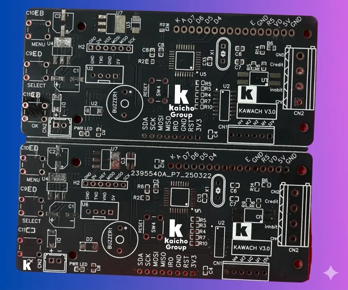 Two printed circuit boards with the Kaicho Group logo