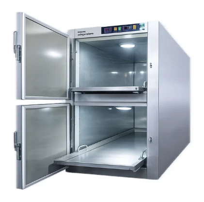 Shabghar two-door stainless steel mortuary refrigerator with both doors open