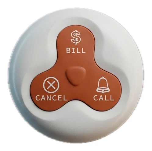 Waiter Ping table button, a round brown unit with Bill, Call and Cancel buttons